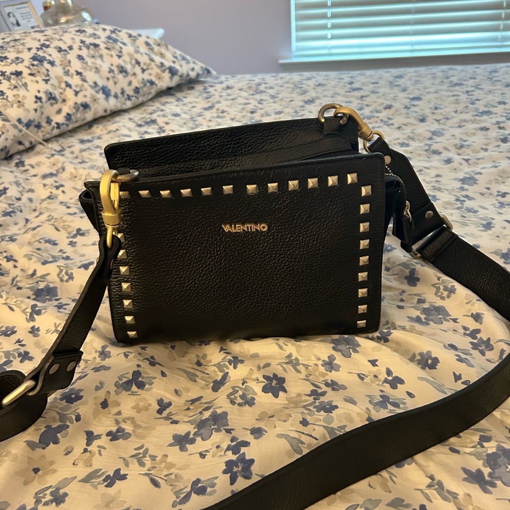 Valentino Black Leather Tote with Gold Accents